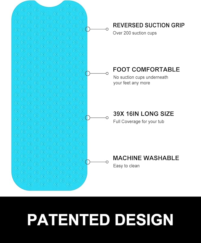 OTHWAY No Suction Cup Bath Mat: 39x16 inch Extra Long Bathmat│Perfect for Refinished or Ordinary Bath Tubs│Made of Nature Rubber│a Blessing for The Elderly and Children (Blue)