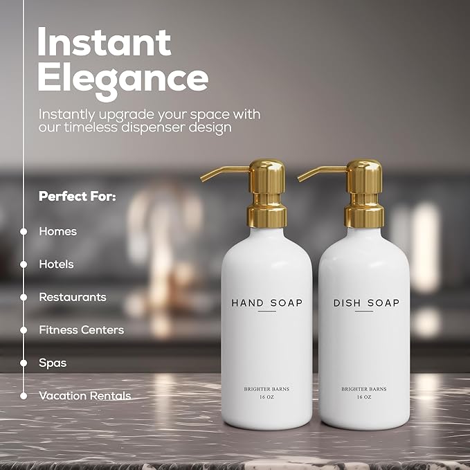 Luxury Glass Hand and Dish Soap Dispenser Set by Brighter Barns - Kitchen Soap Dispenser Set & Stainless Steel Pump - Glass Bottle for Sink - White and Gold Kitchen Accessories for Airbnb, Gift (Gold)