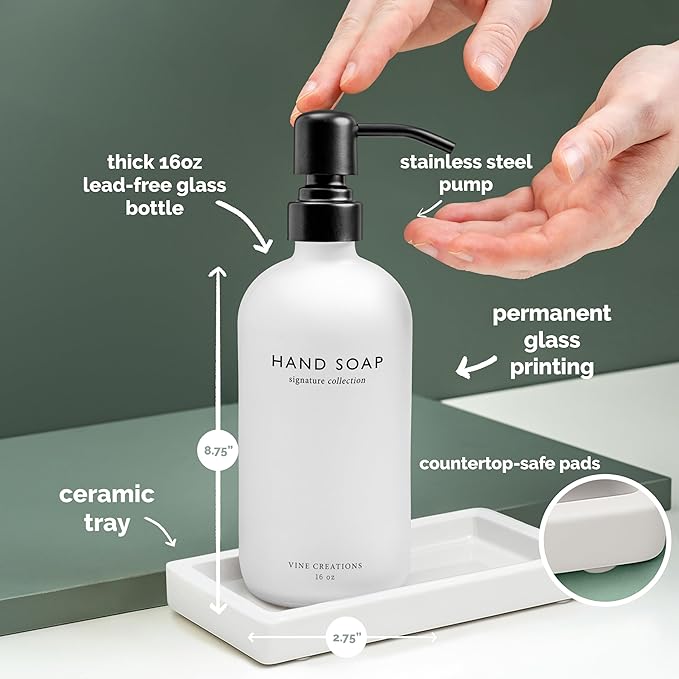 Vine Creations Glass Soap Dispenser Set, Kitchen Soap Dispenser Set with Ceramic Tray, 16 oz Dish Soap and Hand Soap Dispenser Set with Stainless Steel Pump Decor (White Bottle/Matte Black)