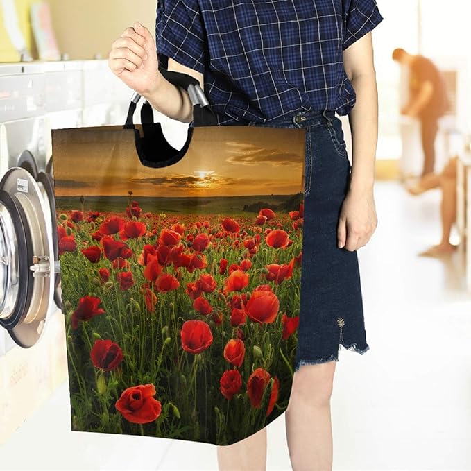 visesunny Collapsible Laundry Basket Poppy Flower And Sunset Large Laundry Hamper with Handle Toys and Clothing Organization for Bathroom, Bedroom, Home, Dorm, Travel