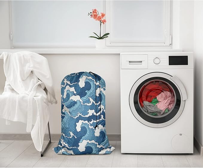 Swono Wave Large Collapsible Laundry Bag - Surf Sea Cartoon Blue White Foldable Hamper, Football Grid Oxford Cloth, Holds 4 Loads, Ocean Theme