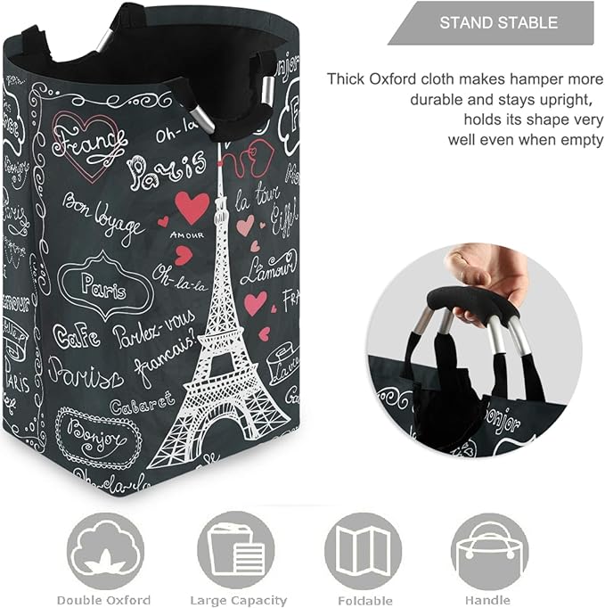 visesunny Large Capacity Laundry Hamper Basket Eiffel Tower France Paris Love Oxford Cloth Storage Baskets for Bedroom, Bathroom, Dorm, Kids Room