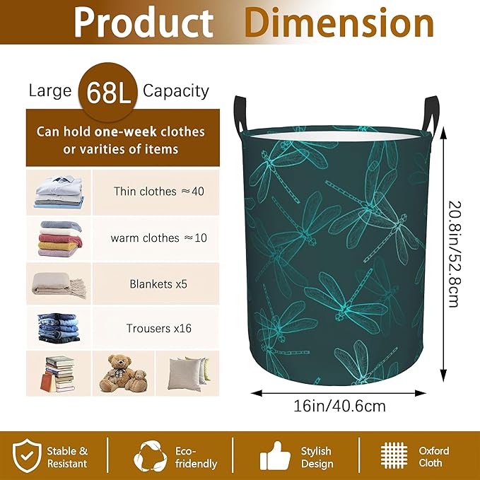 Dragonfly Green Laundry Basket,Waterproof Foldable Laundry Hamper,Dirty Clothes Laundry Basket, Linen Bin Storage Organizer for Toy Collection 16" x 20"