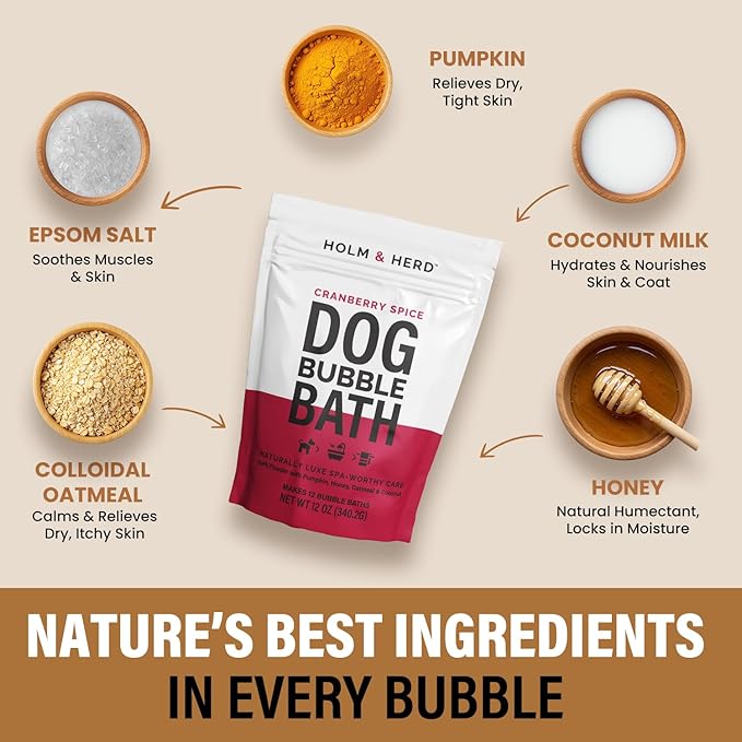 Dog Shampoo Alternative – Oatmeal & Honey Puppy Bubble Bath with Autumn Scent – Natural Gentle Dog Wash – Halloween Dog Gift - 12 Baths (Cranberry Spice)