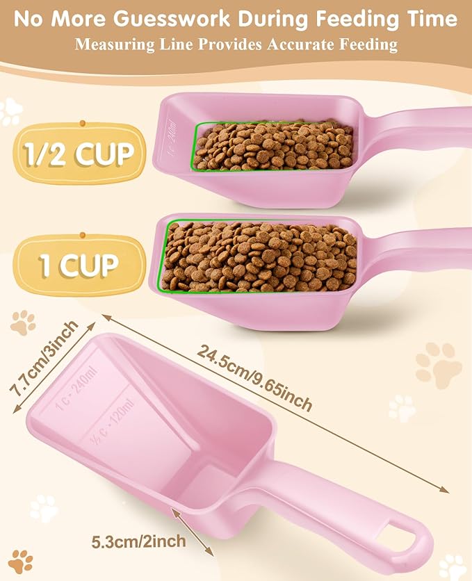 2-Pack Dog Food Scoop 1 Cup, Plastic Pet Food Measuring Scoop With Measuring Lines (1/2 & 1 Cup Markings) for Dogs, Cats, Fish, Bird（Pink)