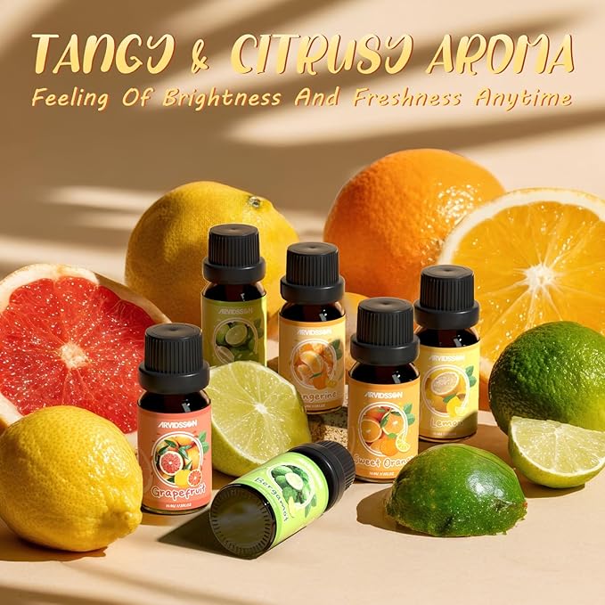 Citrus Essential Oils Set, ARVIDSSON Fresh Fruit Essential Oil for Diffuser, Grapefruit, Bergamot, Sweet Orange, Lemon, Lime, Tangerine, Citrusy Scented Oils Gift for Women