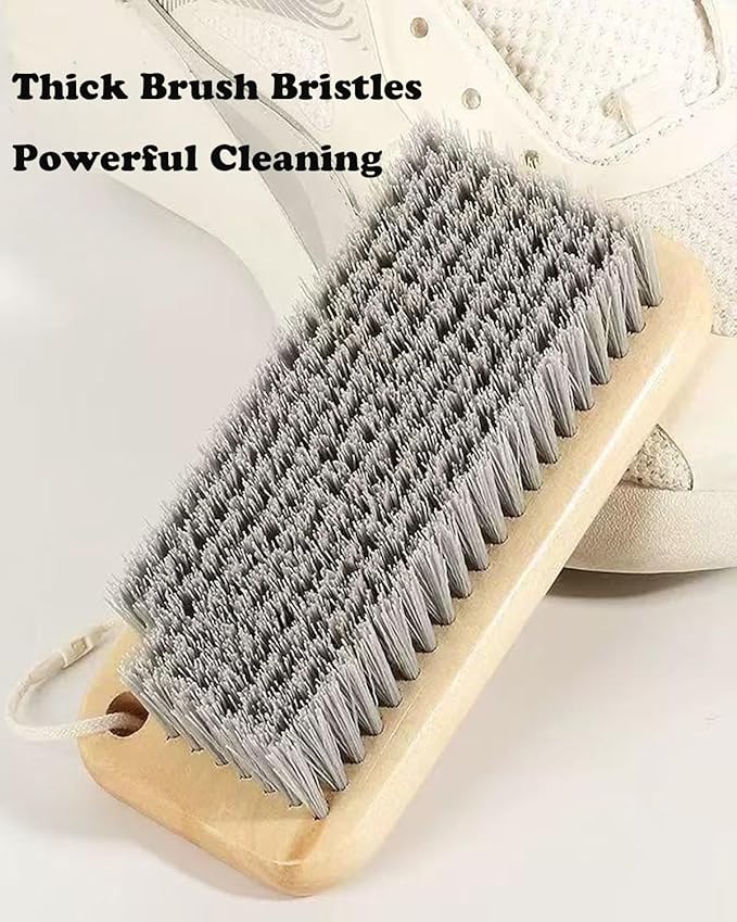 Scrub Cleaning Brush for Stains -Wood Handle Scrubbing Brushes,Cleaning Scrubber Brush for Fabric,Carpet,Clothes,Bathroom,Long Handle Cleaner Brush for Sneakers, Tennis, Canvas & More-2Pack