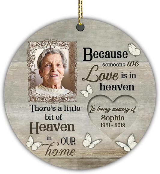 HYTURTLE Personalized Memorial Sympathy Christmas Ornament Gifts for Family Loss of Loved One Mom Dad - Because Someone We Love is in Heaven Custom Name Photo & Years Acrylic Circle Ornament