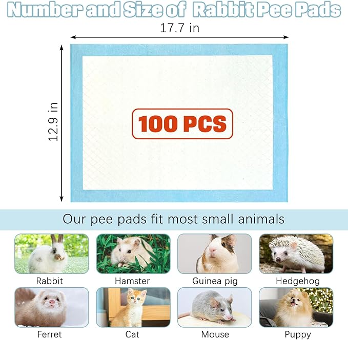 kathson 100PCS Rabbit Pee Pads 18"× 13" Disposable Cage Liners Super Absorbent Black Carbon Odor-Control Bunny Training Pad with Quick-Dry Surface for Bunny Guinea Pig Kitten Hedgehog Small Animals