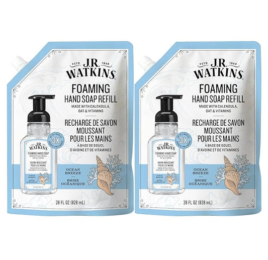 J.R. Watkins Foaming Hand Soap Refill, Moisturizing Foam Hand Wash, Formulated with Plant-Based Cleansers, Alcohol-Free, Cruelty-Free, Ocean Breeze, 28 fl oz, 2 Pack