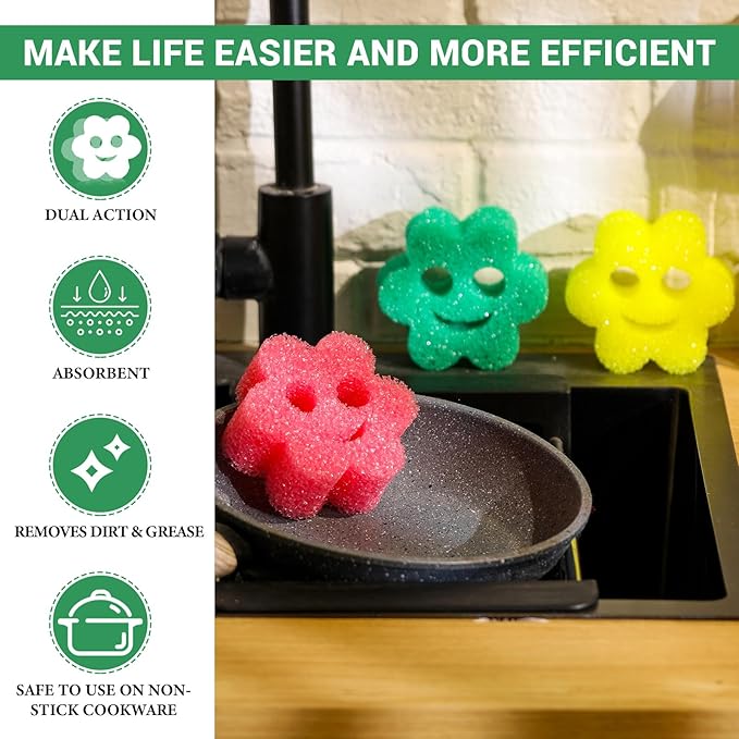 3 Pcs Dual Sided Scrub Sponge Multi Functional Cute Temperature Sensitive Non Scratch Dish Sponge for Washing Dishes Kitchen Bathroom(Smile Flower)