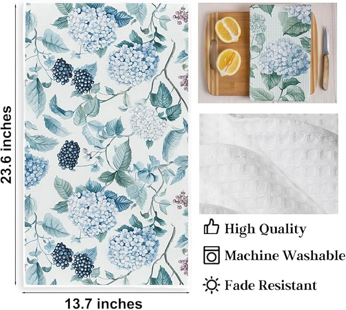 3 Pcs Blue Hydrangea Kitchen Towels, Farmhouse Blue Hydrangea Decor Summer Flowers Decorative Spring Floral Tea Dish Towels , Waffle Soft Hand Towel for Farmhouse Kitchen Bathroom, Housewarming Gifts