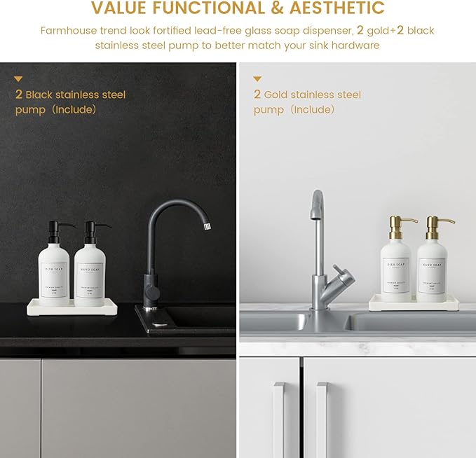 Glass Soap Dispenser for Kitchen, Farmhouse Kitchen Dish Soap Dispenser&Hand Soap Dispenser Set, Rustproof Pump Soap Lotion Dispenser Bathroom with Tray, Waterproof Label for Decor(White