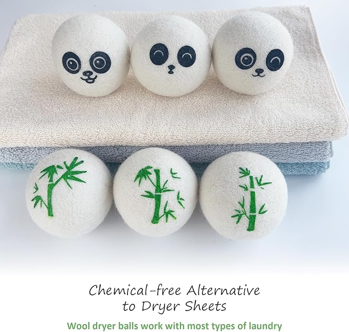 Wool Dryer Balls Laundry Reusable, 100% Natural New Zealand Wool Balls for Dryer, 6 in 1 Pack (Panda)