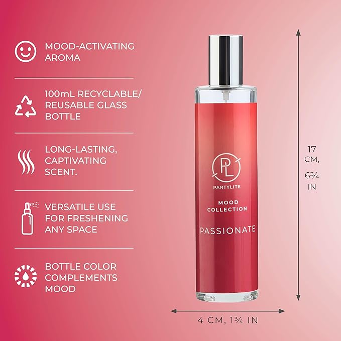 PartyLite Passionate Scented Room Spray, 100mL, with Notes of Meyer Lemon, Freesia & Cedarwood, Part of the Mood Collection, Luxurious & Romantic, Perfect for Gifting