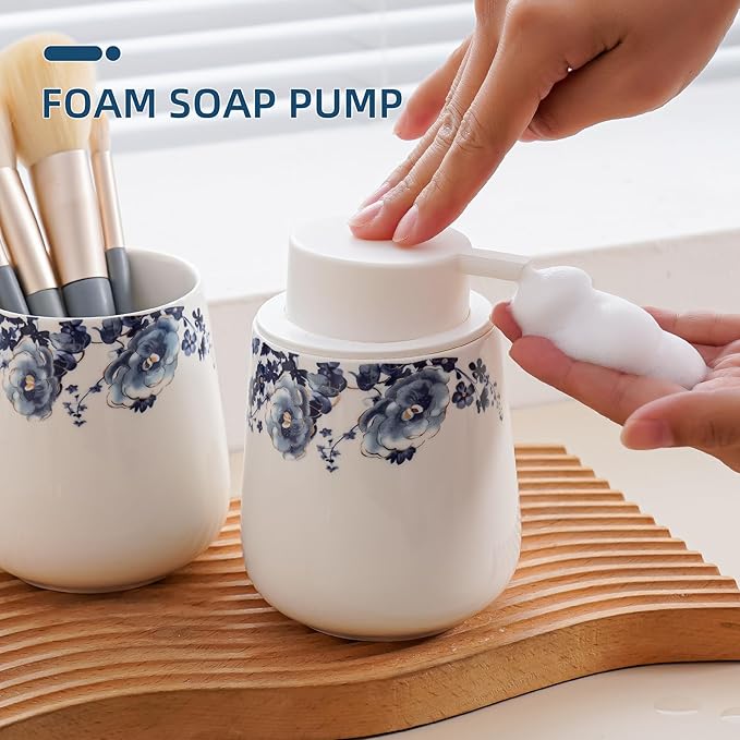 Soap Dispenser, Ceramic Foaming Soap Dispenser with Easy-to-Press Pump for Bathroom 10.8 oz refillable Liquid Hand soap Dispenser for Hand sanitizers, lotions (Blue Flower Foam Dispenser)