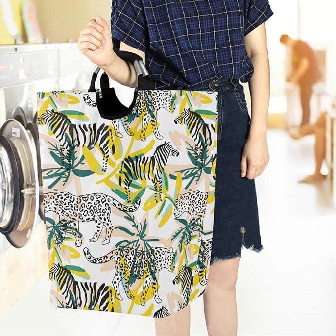 visesunny Collapsible Laundry Basket Tropical Leopard Zebra Animal Large Laundry Hamper with Handle Toys and Clothing Organization for Bathroom, Bedroom, Home, Dorm, Travel