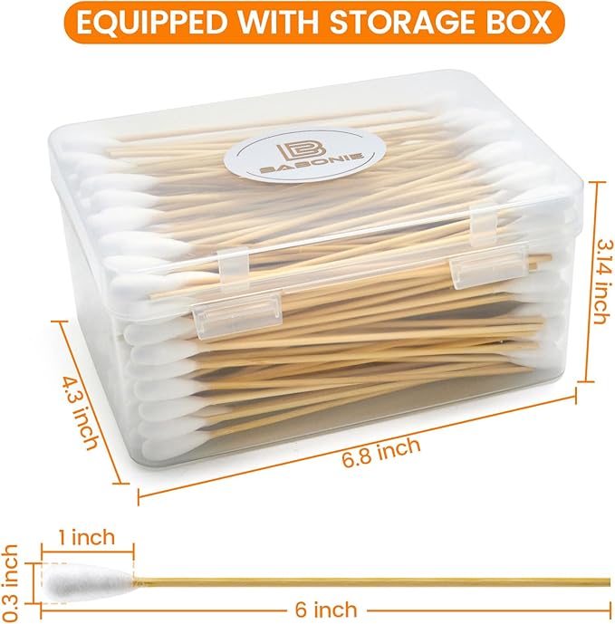 300 PCS Large Cotton Swabs in Storage Box - 6 inch Big Dog Ear Cleaning Swabs with Bamboo Handle - Extra Large Soft and Thick Cotton Buds Specially Designed for Pet Care