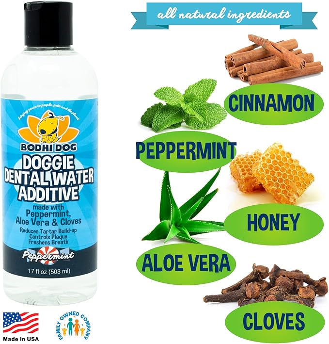 Bodhi Dog Peppermint Dental Dog Water Additive - Dental Water Additive for Dogs & Pets - Teeth, Breath & Healthy Gums - Freshens Breath & Reduces Tartar Build Up - Oral Care Cleaner- Made in USA, 17oz
