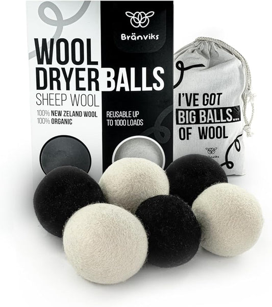 Wool Dryer Balls for Laundry – 6 XL (White & Black Set) – 100% New Zealand Wool – Natural, Reusable & Eco-Friendly Fabric Softener Alternative
