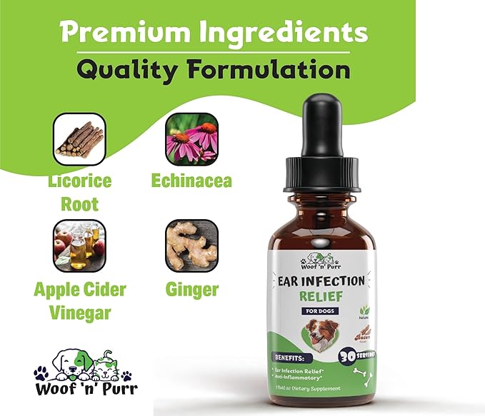 Woof 'n' Purr Natural Dog Ear Cleaner and Infection Treatment for Dogs - Dog Drops for Itching, Irritation, & Redness - Ear Infection Treatment for Dogs - 1 fl oz - Bacon Flavor