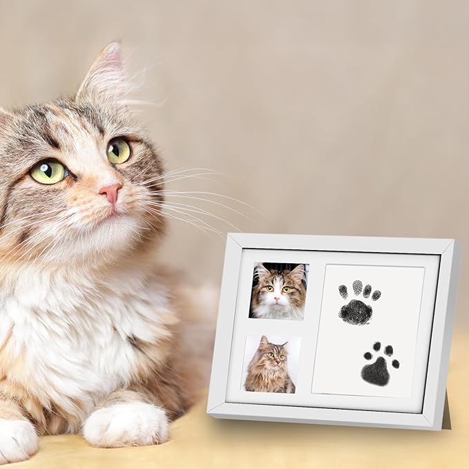 Paw Print Kit for Dogs & Cats, Pet Paw Impression Gift Set with 2 Inkless Pads and Reversible Stand/Wall-Mount Frame (White)