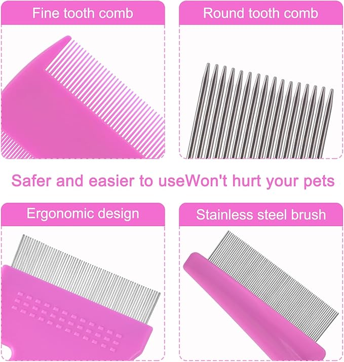 6 Pack Flea Comb for Cats Dogs,Stainless Steel Dog Cat Grooming Combs With Rounded Teeth,Double-Sided Tear Stain Remover,Dematting Comb For Dogs Cats Ideal for Small, Medium & Large Pets (Pink)
