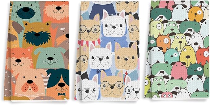 3 Pcs Cute Colorful Animal Kitchen Towels, Cartoon Dog Pattern Decorative Absorbent Microfiber Dish Cloth Tea Towel, Waffle Soft Hand Towels for Farmhouse Home Bathroom, Dog Lover Gifts