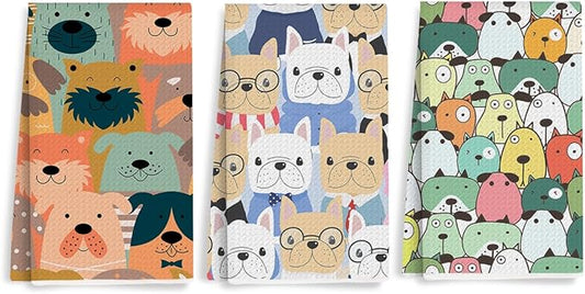 3 Pcs Cute Colorful Animal Kitchen Towels, Cartoon Dog Pattern Decorative Absorbent Microfiber Dish Cloth Tea Towel, Waffle Soft Hand Towels for Farmhouse Home Bathroom, Dog Lover Gifts