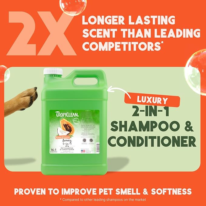 TropiClean 2-in-1 Dog Shampoo and Conditioner, Professional Dog Shampoo, Moisturizing Detangler, Puppy Safe, Made in USA, Papaya Scent, 2.5 Gallon