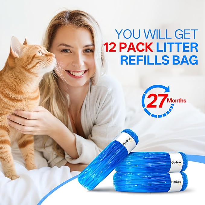 12 Cat Litter Refill Bags Compatible with Litter Genie XL+/XL/Plus/Standard/Style/Desgin Pail, Extra10% Length 27 Months Use Time, Super Odor Control, Plant Scented, Cartridge NOT Included