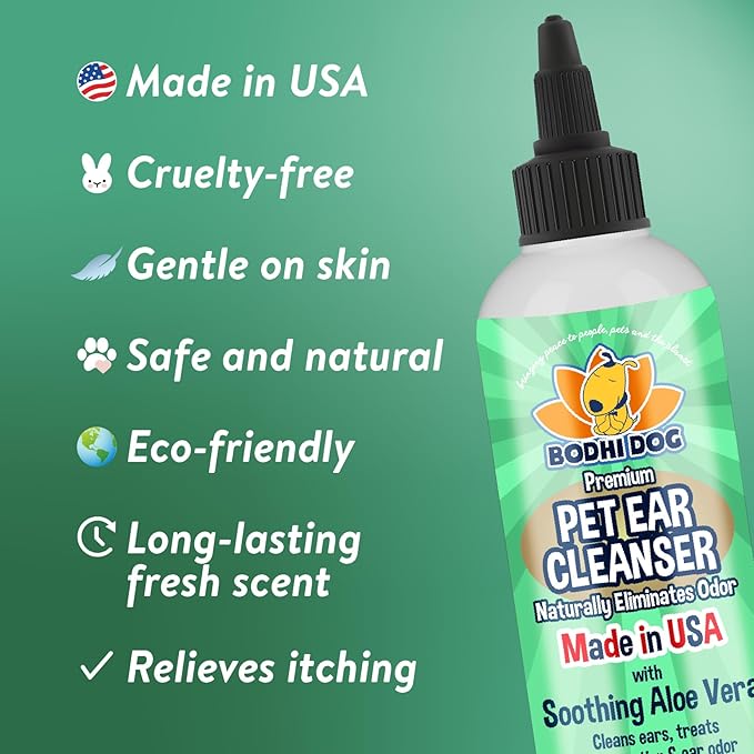 Bodhi Dog Ear Cleaner Solution for Dogs & Cats - Aloe Vera Ear Cleanser, Gentle, Safe for Ear Health - Removes Dirt, Wax & Debris - Prevents Odor & Irritation - Made in USA (8 Fl Oz)