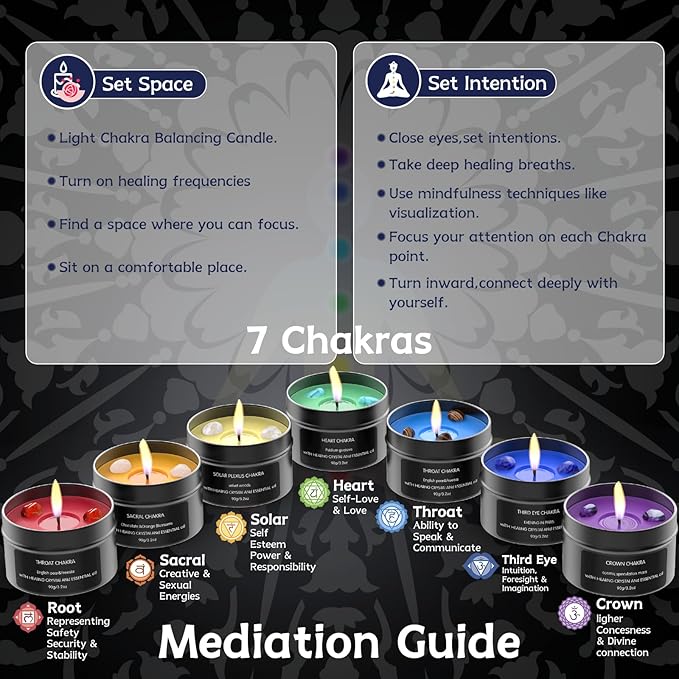 7 Chakra Crystal Candles with Healing Stones & Bracelets - Scented Meditation Candles for Stress Relief, Spiritual Decor, Yoga & Cleansing