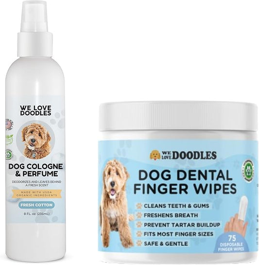 We Love Doodles 75 pcs Dog Teeth Cleaning Wipes & Dog Cologne Bundle - Pet Dental Finger Wipes for Dogs, Freshens Breath Dog Dental Wipes, Pawfume After Bath for Smelly Dogs, Fresh Cotton