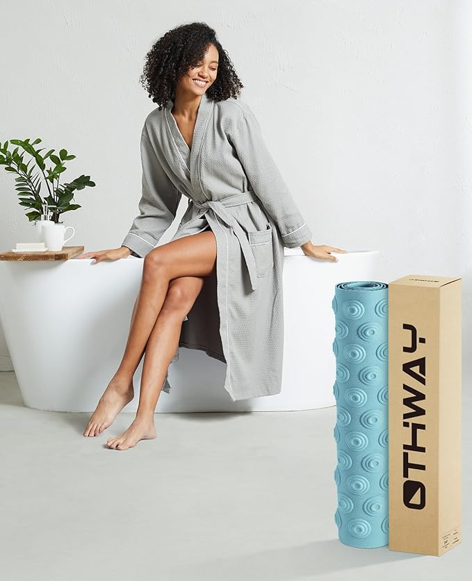 OTHWAY No Suction Cup Bath Mat: 39x16 inch Extra Long Bathmat│Perfect for Refinished or Ordinary Bath Tubs│Made of Nature Rubber│a Blessing for The Elderly and Children (Lake Blue)