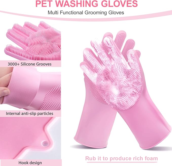 6PCS Pink Dog Washing Kit with Dog Brush, Shampoo Brush, Bath Scrubber,Washing Gloves, 39.7" × 20.5" Towel and Big Toiletries Bag.
