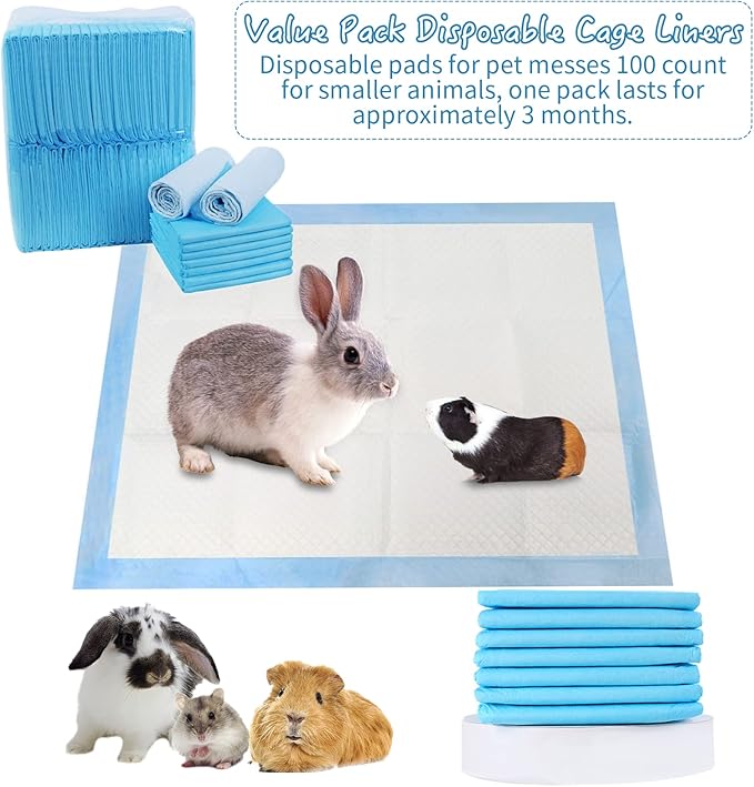 Tfwadmx 100 Pcs Rabbit Pee Pads Disposable Cage Liners Leak-Proof Super Absorbent Potty Training Pad for Puppy Guinea Pigs Hedgehog Hamsters Chinchillas Cats and Other Small Animals