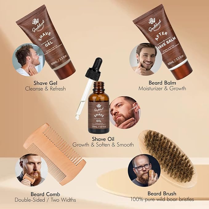 Bath Gift Set & Beard Kit with Leather Bag, 21pcs Sandalwood Bergamot Home Spa Kit, Relaxing Men's Body Wash Gift Basket & More for Christmas, Birthday, Father's Day Gift, Dad, Boyfirend, Husband