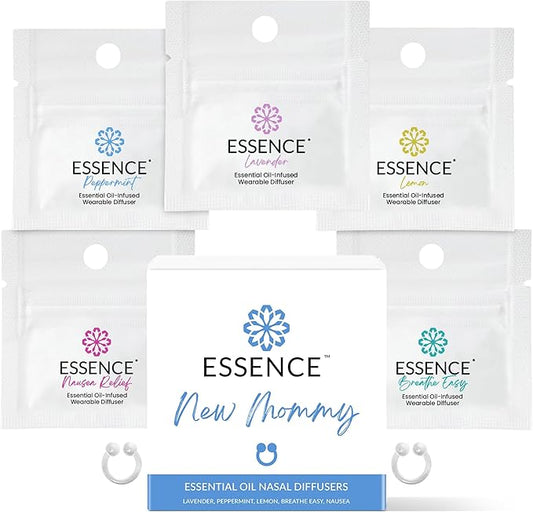 Essence Nasal Diffuser New Mommy Bundle – Essential Oil Silicone Nose Rings for Morning Sickness & Motion Sickness Support – Wearable Blends Pack for Pregnancy & Travel