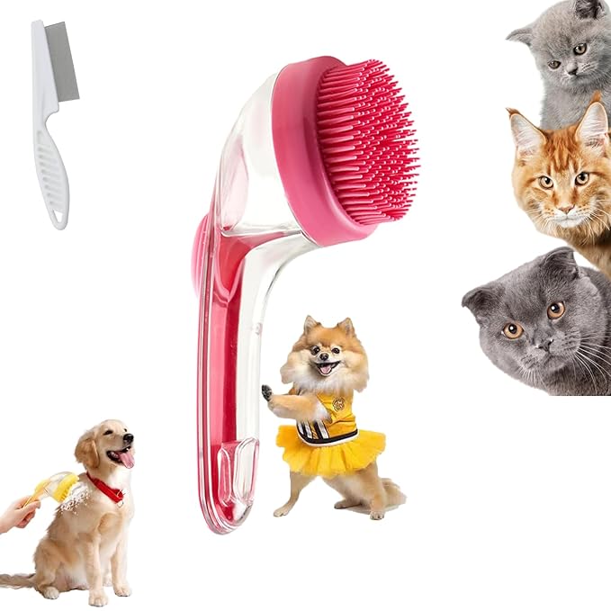 Pet Bath Brush, Pet Bath Brush with Soap Dispenser, Dog Scrubber for Bath, 2 in 1 Scrubber for Bath with Built-In Shampoo Dispenser, For Dogs, Cats & More (Red)