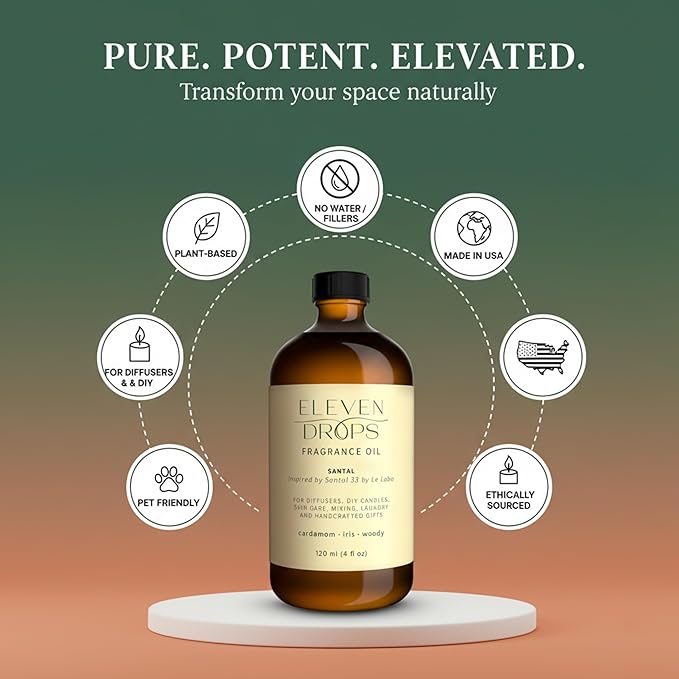 Santal Aroma Fragrance Oil – Essential Oil Blend for Diffusers, Candles & Soap Making, Mixing, Long Lasting Scent, Pet Friendly, Made in USA, Amber Glass Bottle, IFRA Compliant, 4 Fl. Oz.