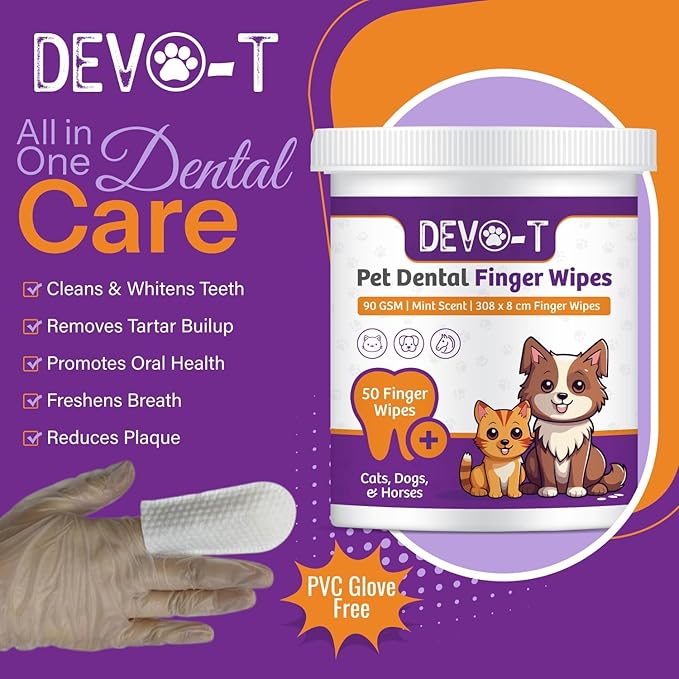 DEVO-T 100% Natural Dog Teeth Cleaning Wipes Unscented | 100 Count | Pet Teeth Cleaning Finger Wipes for Dogs, Cats & Horses | Remove Bad Breath, Plaque & Tartar Buildup | Dog Dental Wipes Finger
