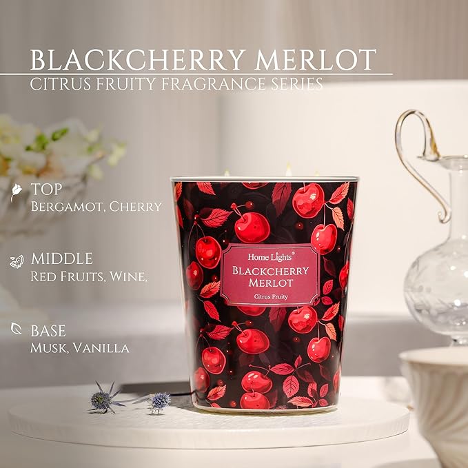 HomeLights Soy Wax Candles for Home Scented, 3-Wick Candles in Blackcherry Merlot Scented, Aromatherapy Candles Gift for Parties, Relaxing, Eclectic Mixed Styles, 34oz