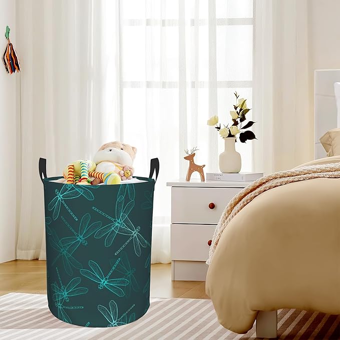 Dragonfly Green Laundry Basket,Waterproof Foldable Laundry Hamper,Dirty Clothes Laundry Basket, Linen Bin Storage Organizer for Toy Collection 16" x 20"