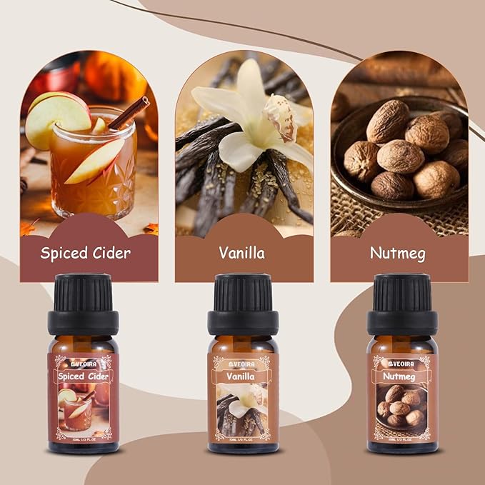 Spice Fragrance Oils Set, AVEOIRA Fall Essential Oil Set for Diffuser, Candle, Soap Making, Nutmeg, Pumpkin Spice, Vanilla, Cinnamon, Spiced Cider, Gingerbread, Scented Oils, 6x10ml