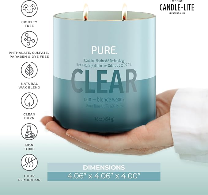 Candle-Lite Pure Rain & Blonde Woods Odor Eliminating Scented Candles, Neofresh Technology Eliminates 99.9% of Odors, 16 oz 2-Wick Jar, Proudly Poured in The USA, Up to 60 Hours Burn Time