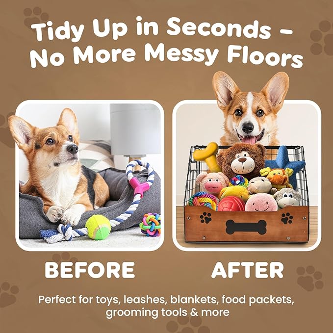 Dog Toy Basket Large – Metal & Wood Dog Toy Bin, Trapezoidal Dog Toy Box with Wide Opening, Farmhouse Dog Toy Storage Organizer for Blankets, Leashes & Accessories, Stylish Basket for Dog Toys