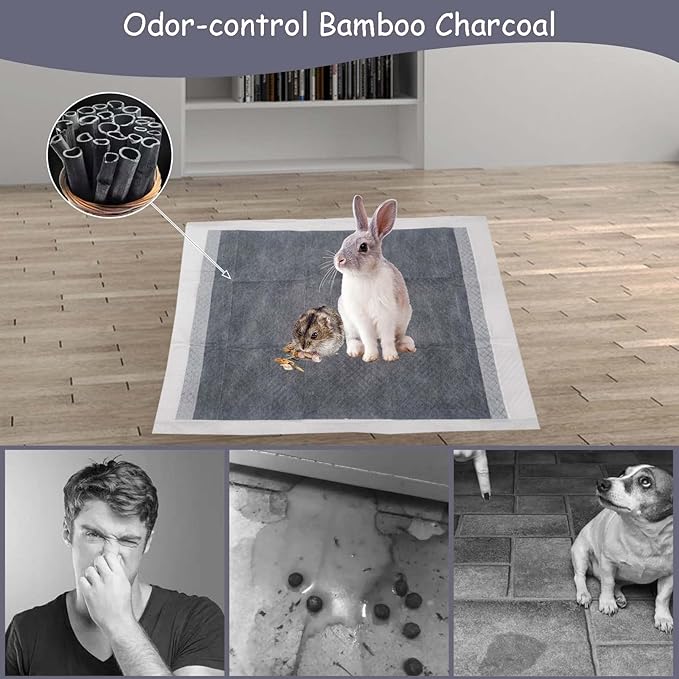 Tfwadmx 50 Pcs Rabbit Pee Pads Guinea Pig Super Absorbent Cage Liners Bunny Disposable Black Carbon Diapers Small Animal Training Accessories with Quick-Dry Surface for Chinchilla Ferret Hamster