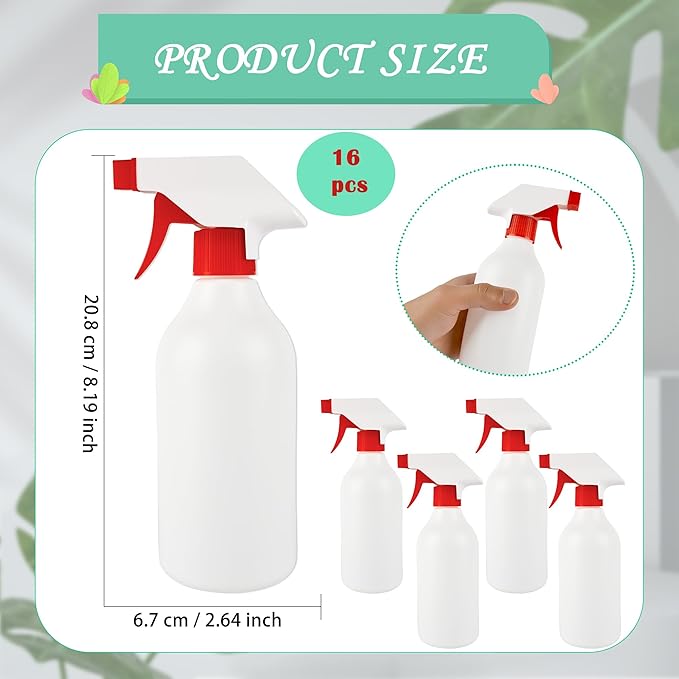 16 Pack Plastic Spray Bottles 16 oz Empty Refillable Spray Bottle for Cleaning Solutions Leak Proof Water Bottle Sprayer with Adjustable Nozzle Mist & Stream Heavy Duty Reusable for Plants Oils Hair