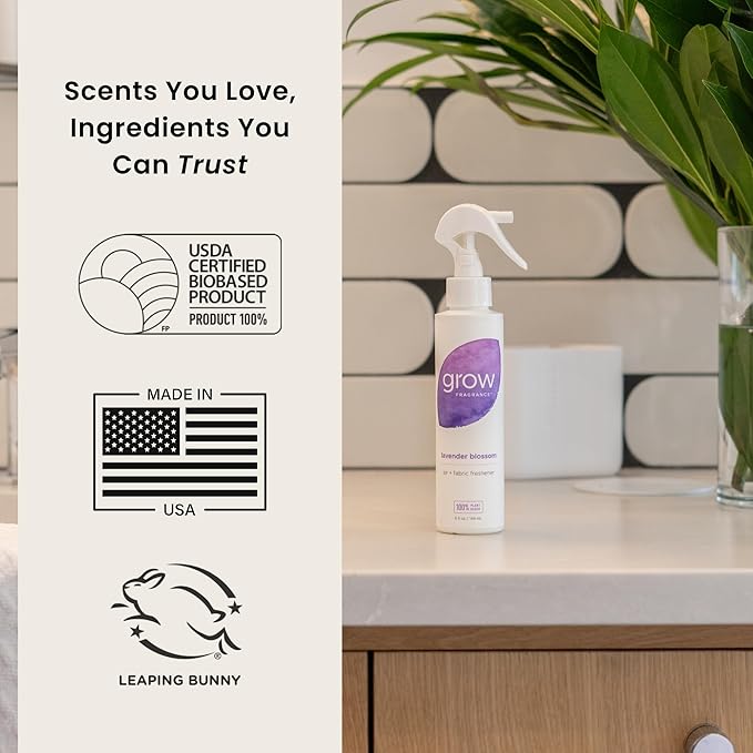 Grow Fragrance Scented Fabric and Room Air Freshener Spray - Certified Non-Toxic, 100% Plant-Based Essential Oils - 5 oz (Lavender Blossom 2-Pack)
